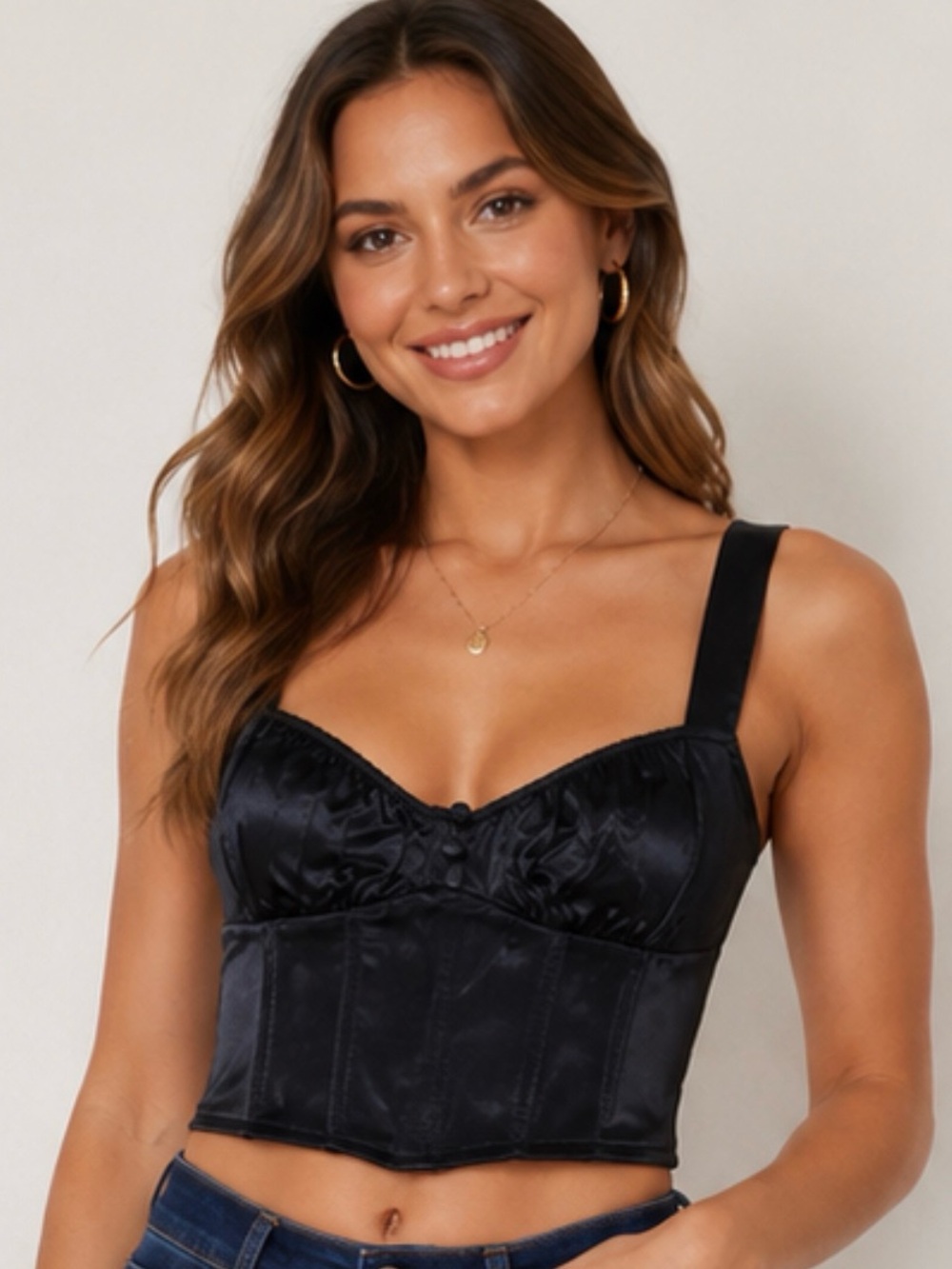 Zara Black Satin Corset Crop Top XS Structured Bustier Ring Zip Back